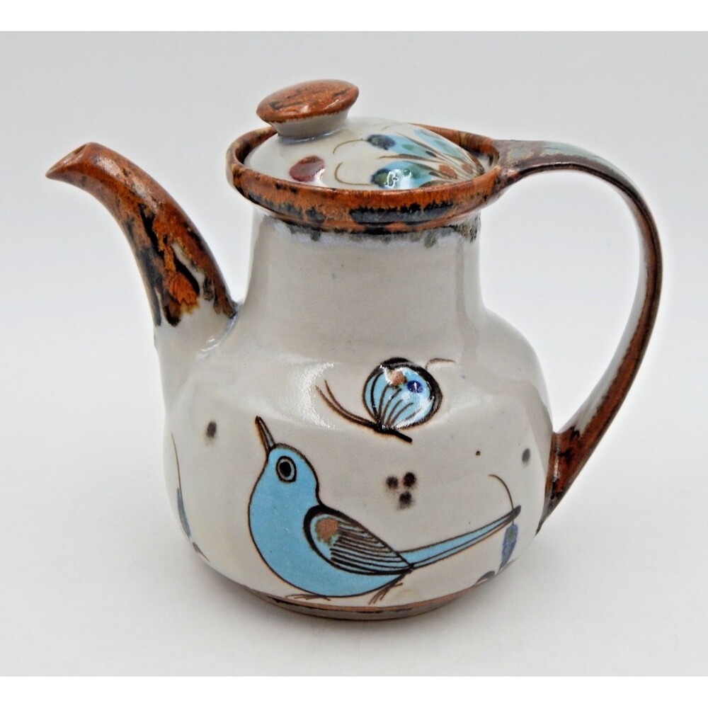 Tonala Ken Edwards Pottery Teapot Bird Butterfly Blue Brown 6 Inch